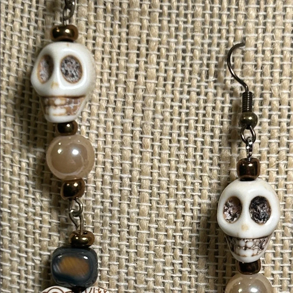 Brown and Cream Skull Heart Earrings